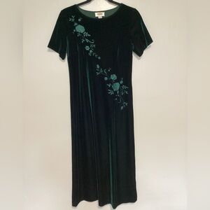 Talbots Velvet  Dress Maxi Women Size Petite Green Embroidered Vintage 90s Fall